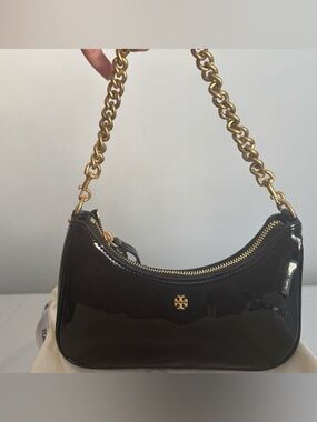 Tory Burch Black Patent Leather Shoulder Bag with Gold Chain